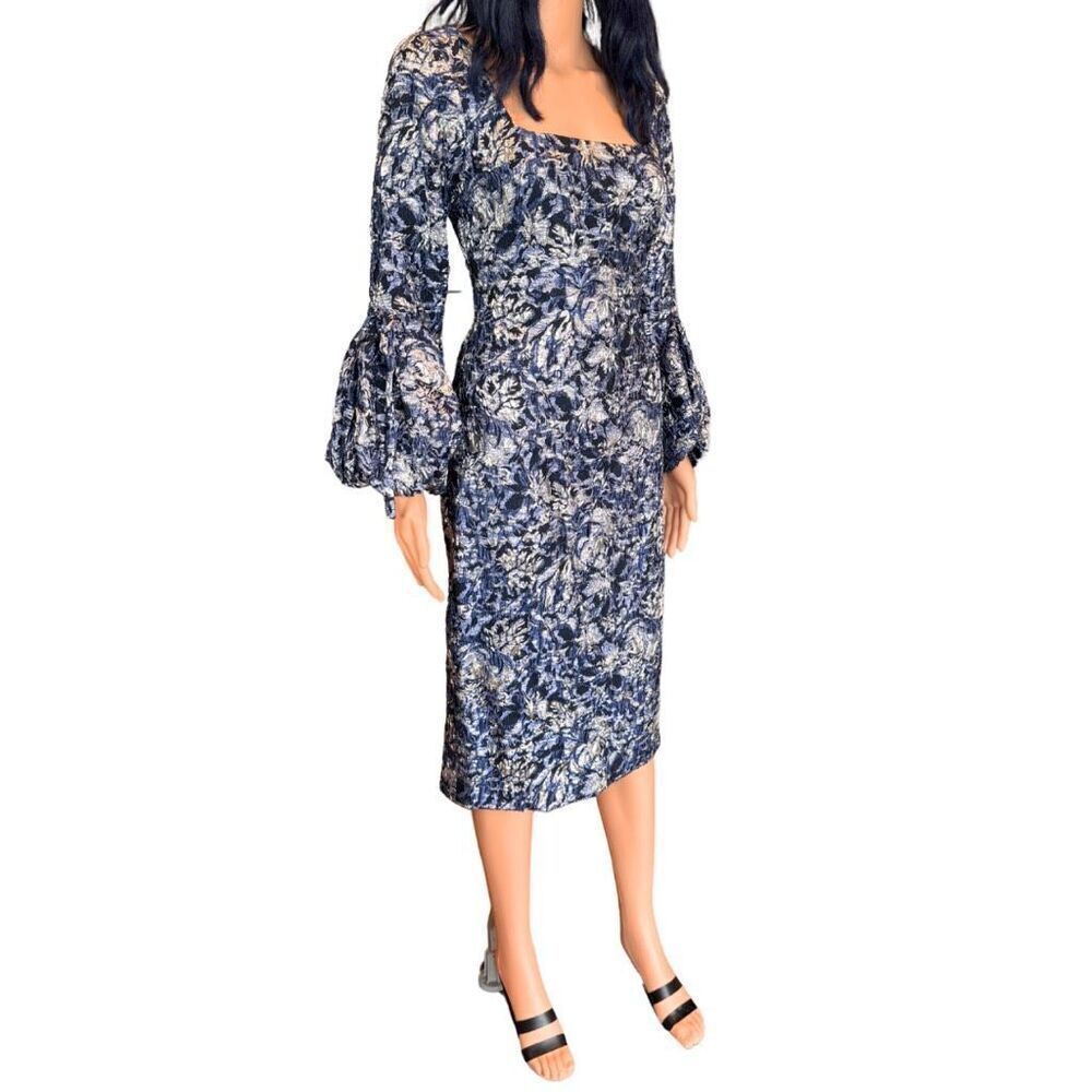 NWT Theia Brocade Dress 4 Navy Square Puff Sleeve Midi Wedding Guest Cocktail - Picture 3 of 9